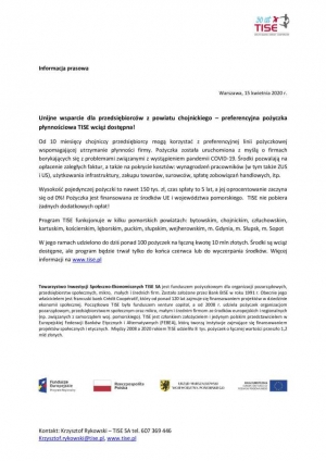 Unijne wsparcie dla przedsiębiorców z powiatu chojnickiego - preferencyjna pożyczka płynnościowa TISE