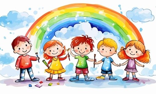 Ilustracja przedstawiająca pięcioro uśmiechniętych dzieci trzymających pędzle, stojących na tle kolorowej tęczy