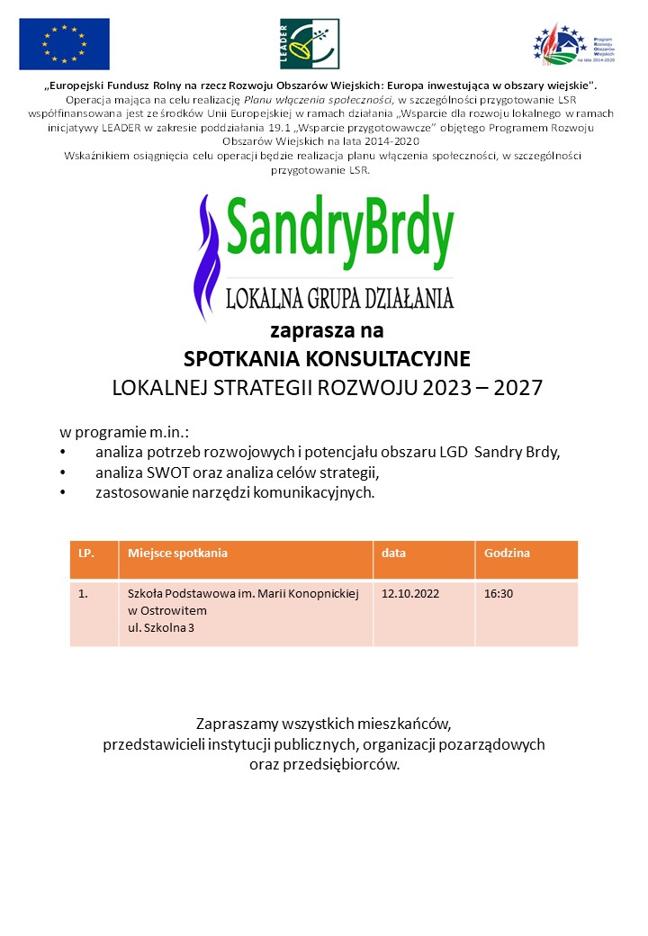 plakat spotkania w sprawie konsultacji LSR gmina Chojnice
